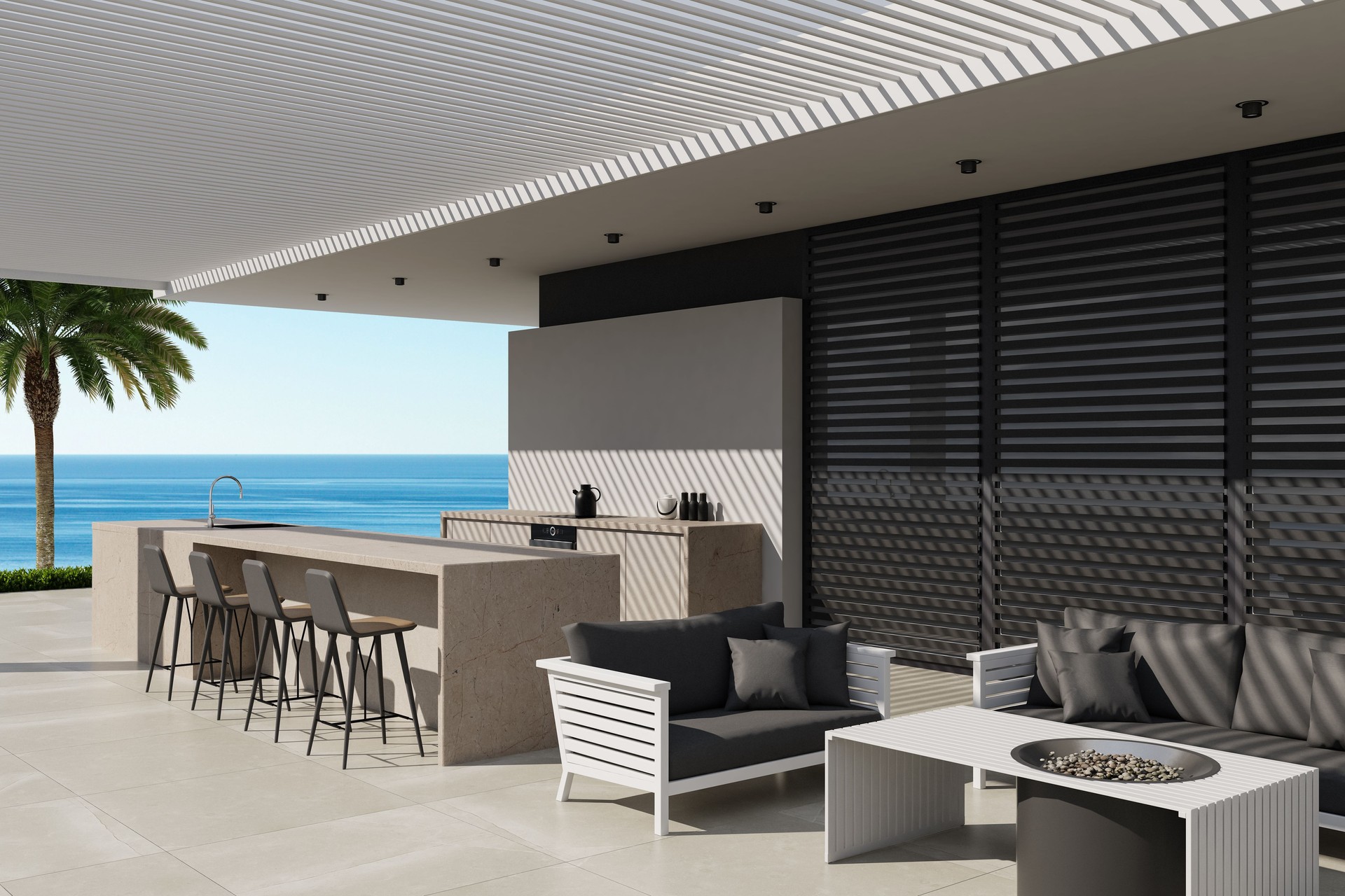 Luxury White Outdoor Kitchen and Patio with Coastal Views in Antalya