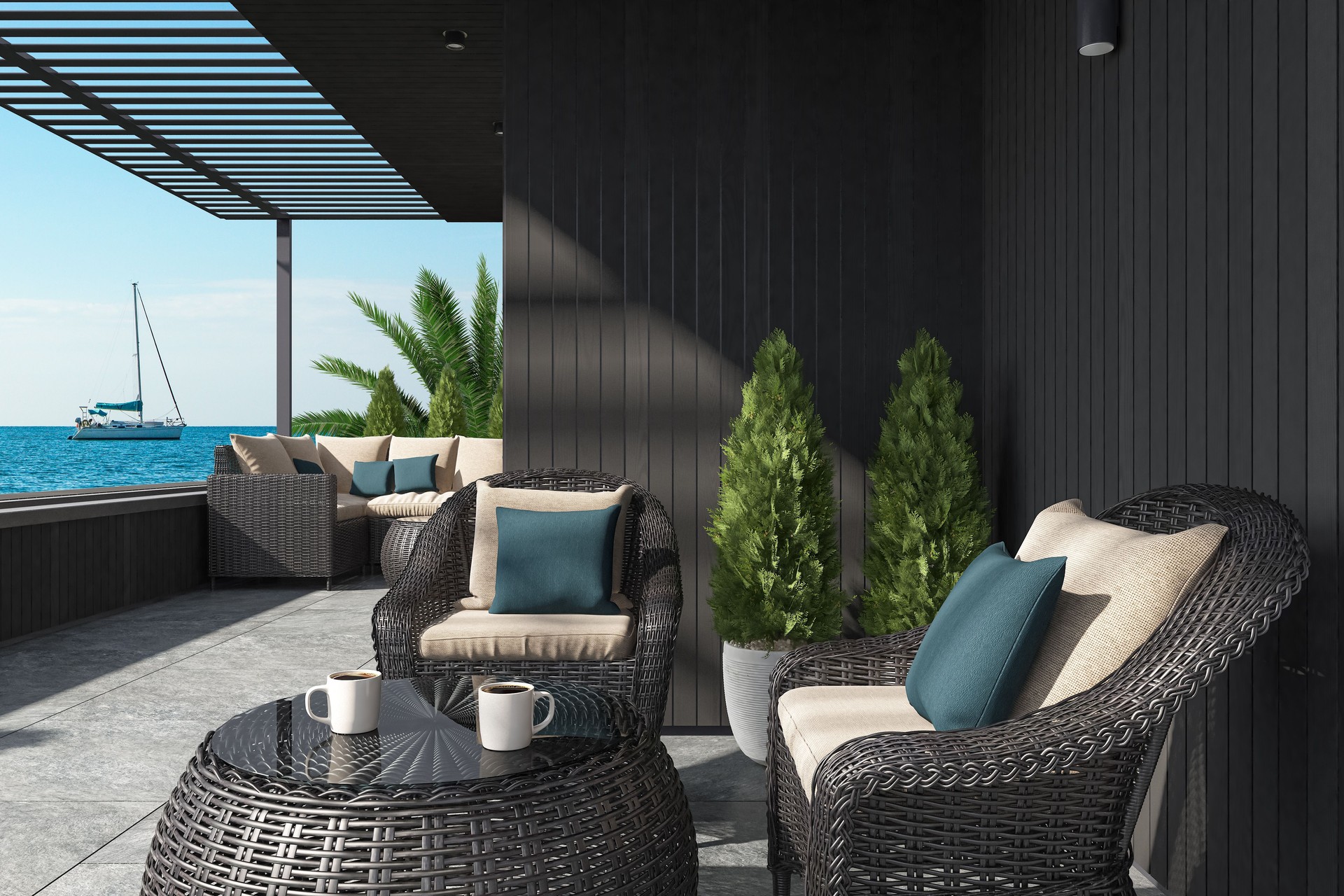 Chic Villa Terrace with Black Rattan Furniture and Stunning Antalya Seascape