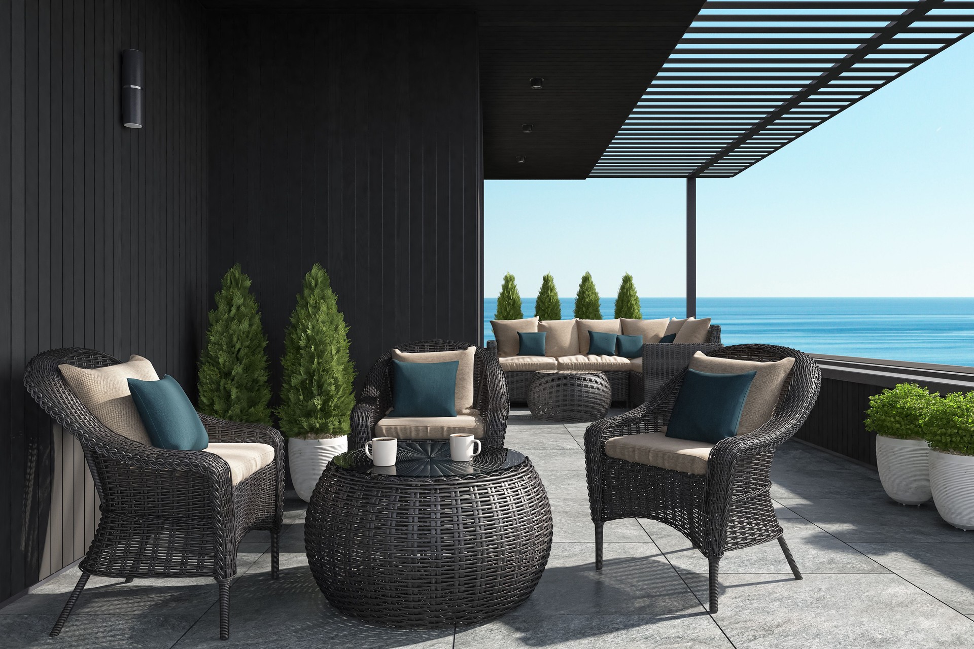 Chic Villa Terrace with Black Rattan Furniture and Stunning Antalya Seascape